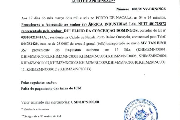Alfândegas apreendem 25 mil toneladas de arroz no Porto de Nacala